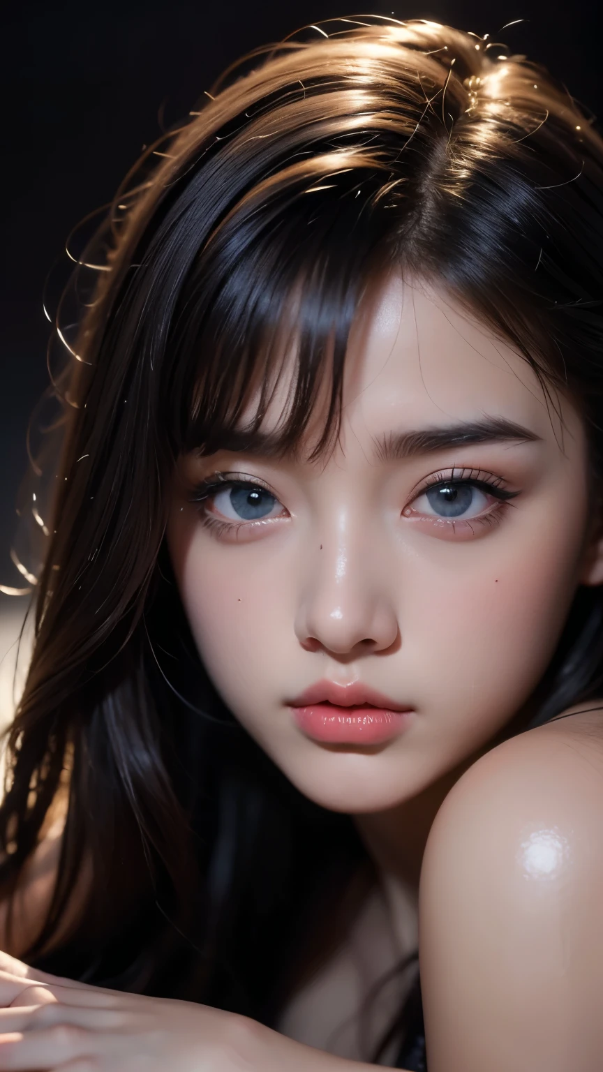 masterpiece, best quality, RAW photos, high resolution, hyper-detailing, Focus on the face, looking at viewer, Detailed eyebrows, realistic beautiful eyes, realistic glossy skin, straight Bangs, realistic movie lighting, detail shaded, high contrast, ((Dark background)), all fours