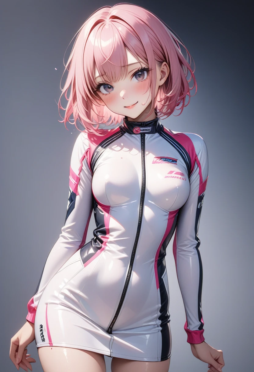 (((Racer suit, skirt))), ((Very shiny outfit)), skindentation, skinny, alone, solo, 1 woman, Masterpiece, highest quality, highest quality, 16K, incredibly absurd, highly detailed, 2.5D, ai-generated, delicate and dynamic, very delicate facial expressions, delicate eye depiction, erotic, only sexy woman, ((A cute and kind face)), healthy figure, ((25-year-old woman)), 160cm tall, ((medium firm swaying bust)), medium breasts, (short hair), (pink hair:1.5), bob cut, black eye, blush, Sweat,Embarrassed,sexy, ((thin thighs)), (camel toe:0.7), (visible nipples:0.5), (Erect nipples,:0.7), shiny and lustrous, facing straight at viewer,  smile, ((Oily_skin)), dark skin, ((standing)), ((arm at side)), ((erotic pose)),