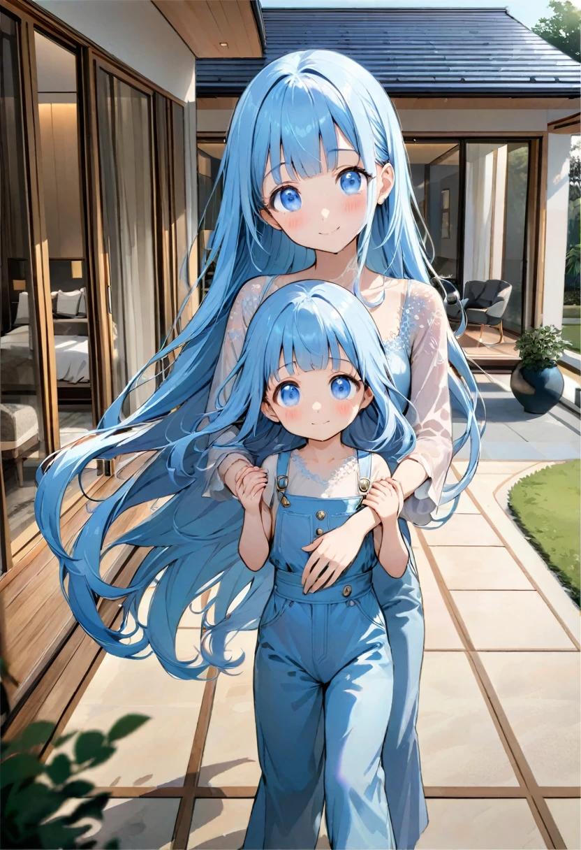 masterpiece, best quality, extremely detailed, (illustration, official art:1.1), 1 girl ,(((( light blue long hair)))), ,(((( light blue long hair)))),light blue hair, , long hair ((blush)) , cute face, big eyes, masterpiece, best quality,(((((a very delicate and beautiful girl))))),Amazing,beautiful detailed eyes,blunt bangs((((little delicate girl)))),(((tareme))),droopy eyes.(true beautiful:1.2), sense of depth,dynamic angle,,,, affectionate smile, (true beautiful:1.2),,(tiny 1girl model:1.2),)(flat chest),smile、(4 year old child２people)、Holding hands and taking a walk、, proudly showing her their luxurious, modern home. The home is elegant and sophisticated, seamlessly blending with the surrounding lush greenery. The scene exudes a warm, aesthetic vibe, with soft, inviting colors and gentle lines, capturing the love and pride in the young man's eyes as he presents their stunning residence to his mother. The house features sleek architecture, large windows, and stylish design elements, ensuring a contemporary and luxurious feel. The overall atmosphere is serene and enchanting, evoking a sense of beauty, tranquility, and modern opulence.a family of 3 posing in front of a house、full body
