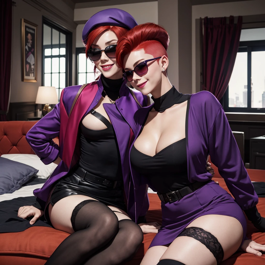 JUDY_FUNNIE, RED HAIR, SUNGLASSES, SHAVED SIDES OF HEAD, PURPLE BERET, PURPLE DRESS, BLACK UNDERSHIRT, INDOORS, SMILE, BLACK STOCKINGS, Sleep