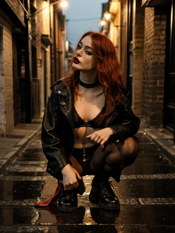 sexy redhead girl, ginger cleopatra hair, red lace bra, transparent red bra, red panties barely visible above low cut leather pants, black lipstick, open leather jacket, full body picture, dark makeup, she is squatting in narrow dark street, heavy rain, wet, low light