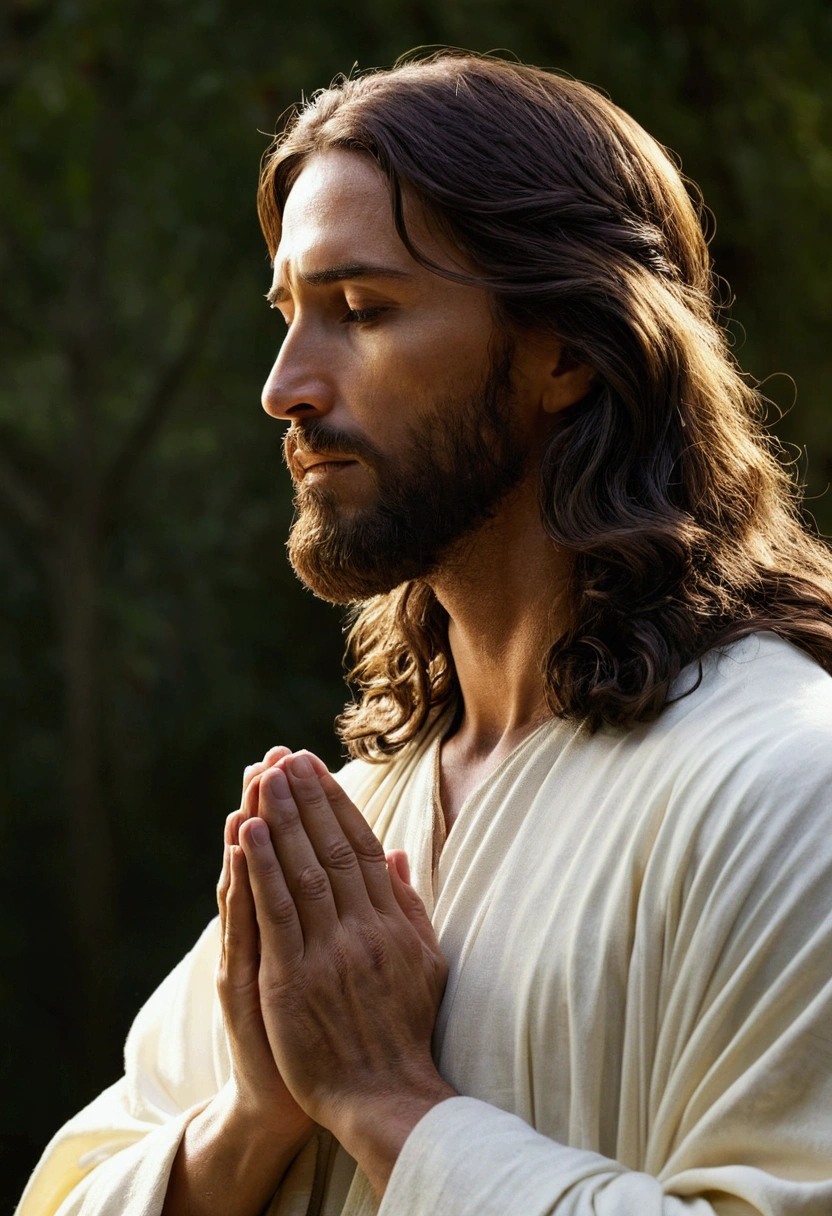 "Create an image of Jesus in profile, depicted in the act of prayer with hands clasped together."