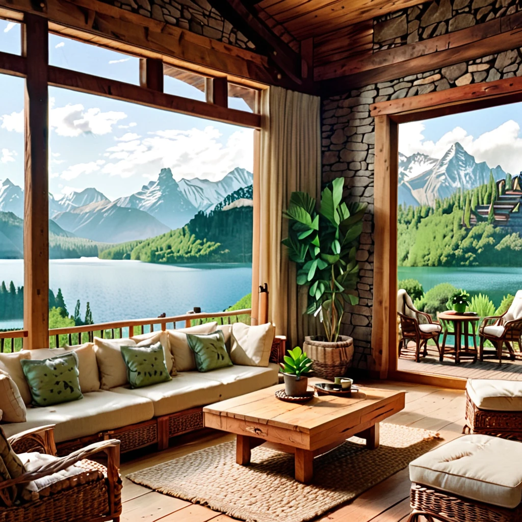 A cozy and rustic living room with an expansive view of a tranquil mountain lake. The room is furnished with comfortable wicker chairs, soft cushions, and a wooden coffee table. The design includes earthy tones, natural materials, and indoor plants, creating a warm and inviting atmosphere that blends seamlessly with the stunning outdoor scenery.