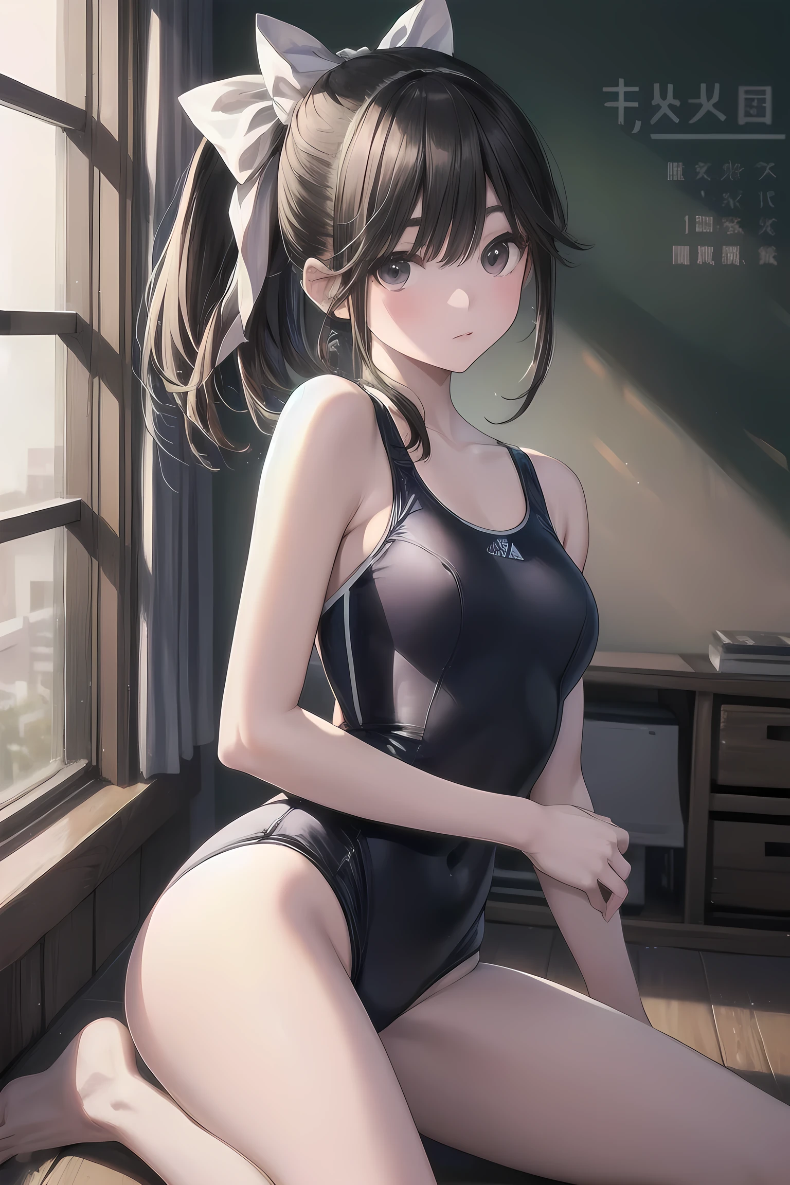 high quality、最high quality、Complete limbs、Ultra-high resolution、Sparkling eyes、Full Finger、Slender beauty、take a look at the manaka, ponytail, hair bow,, Wear a school swimsuit、Glowing Skin、Bat angle