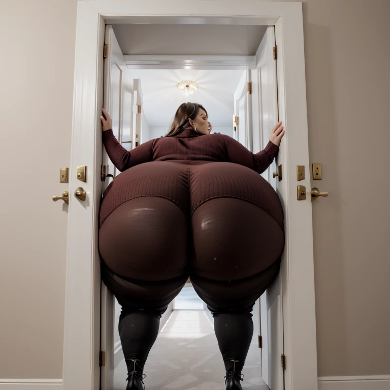 masterpiece, 1girl tall, fat, bottom heavy ssbbw british, 30 year old, behind a doorway, from behind, (doorstuck, stuckback:1.3), big belly, huge wide hips, massive butt, thick thighs, colorful clothing, wearing a red turtleneck sweater and formal pants, upset, she tries to wiggle her big body through the door, but the door is too small and she is stuck tight, she kicks and swings her legs back and forth in a panic, she is way too big and round to fit through,, she looks behind at the viewer politely asking for some help as she tries to pull herself out with all her might, she swings her hips desperately