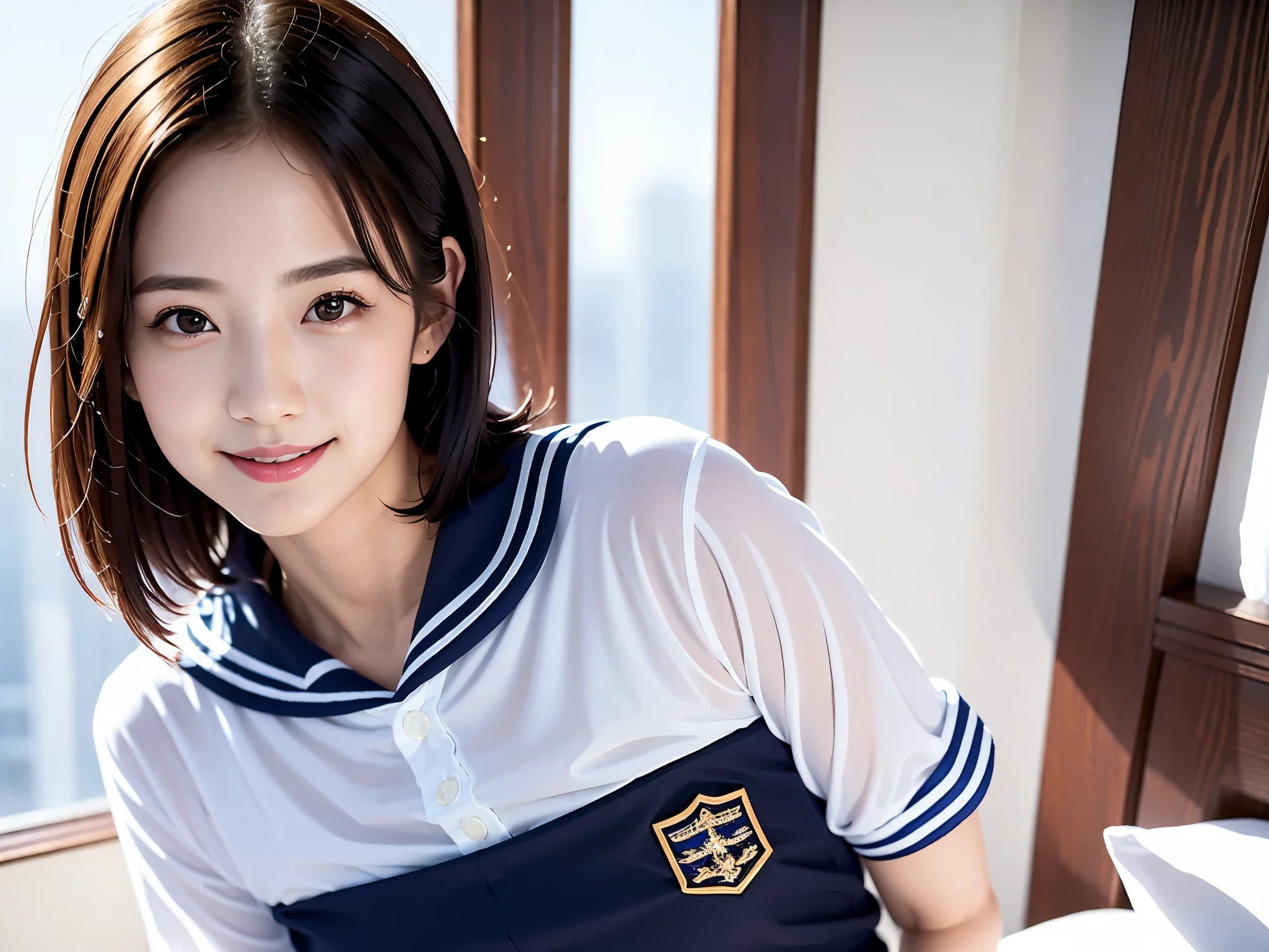 (SFW:1.5),(masterpiece, Highest quality:1.2), lie down、One girl, alone,23 years old,beautiful,Big Breasts,The body is slim、Big Breasts、A big smile、(((Black Hair、Bob Hair)))、Sailor suit、Bra Line、Panchi et al.
