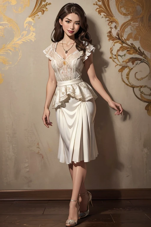 (realistic illustration:1.3),(full body:1.4). Gorgeous hapa woman, with light brown hair.(short),(pale:1.3), beautiful figure,(smile:1.1), Lace top, ruffle skirt, high heels, necklace.Masterpiece, (highly detailed:1.2),(detailed face and eyes:1.2), 8k wallpaper, natural lighting. core shadows, high contrast, bokeh.