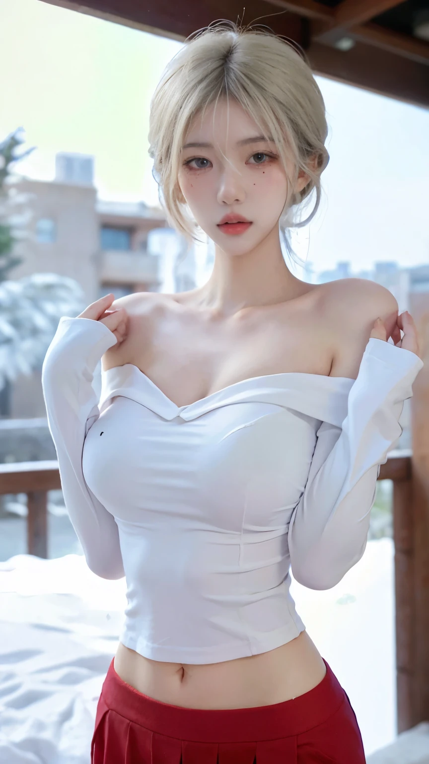 Beautiful woman with perfect figure:1.4，snow，Touching butt with both hands，snow背景，Layered Hairstyle，White skin，Prominent cleavage，Pleated Skirt，whole body，Very delicate face and skin texture，Double eyelids，Skin Whitening，Long white hair