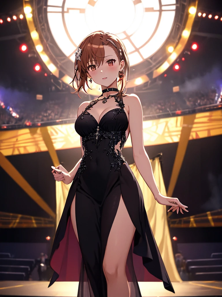 (Evening Dresses), (Looking up from under your feet), Background is the stage, Misaka Mikoto, 1girl, black choker, uhd, retina, masterpiece, ccurate, anatomically correct, textured skin, super detail, high details, high quality, best quality, highres, 4K