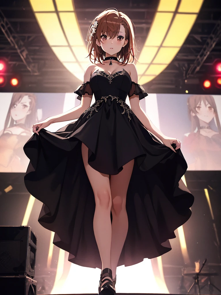 (Evening Dresses), (Looking up from under your feet), Background is the stage, Misaka Mikoto, 1girl, black choker, uhd, retina, masterpiece, ccurate, anatomically correct, textured skin, super detail, high details, high quality, best quality, highres, 4K