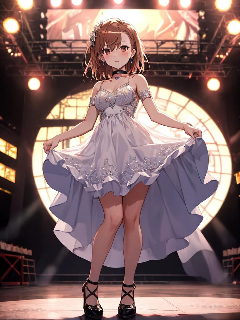 (Evening Dresses), (Looking up from under your feet), Background is the stage, Misaka Mikoto, 1girl, black choker, uhd, retina, masterpiece, ccurate, anatomically correct, textured skin, super detail, high details, high quality, best quality, highres, 4K