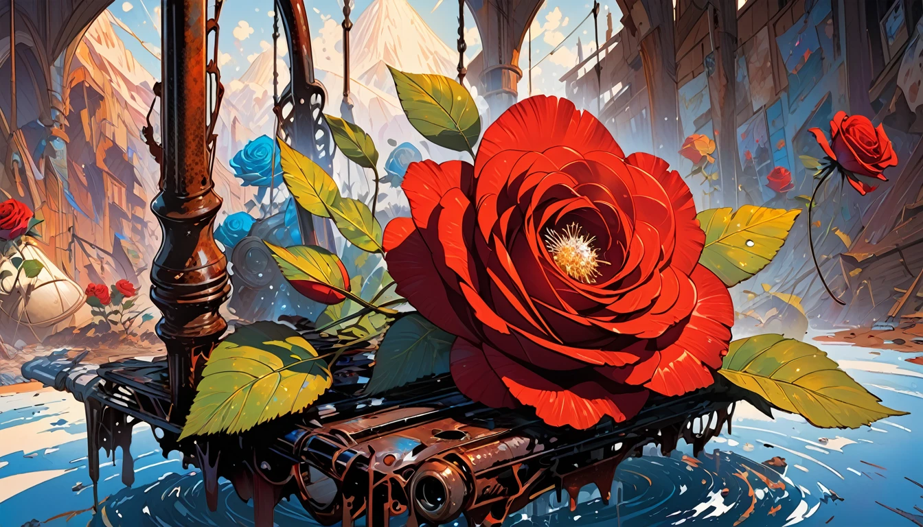 olpntng style, a rose, among rusty irons, oil painting, strong strokes, paint dripping" rgb offset, surface, diamond, By Ralph Steadman, by Cory Loftis, art by Craig Mullins, art by Jeff Koons, Art by Frank Frazetta, by Agnes Lawrence Pelton, by Tony Diterlizzi monogon, superdimensional, Volumetric