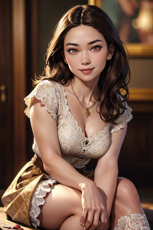 (realistic illustration:1.3), Gorgeous hapa woman, with light brown hair.(short),(pale:1.3), beautiful figure,(smile:1.1), Lace top, ruffle skirt, high heels, necklace.Masterpiece, (highly detailed:1.2),(detailed face and eyes:1.2), 8k wallpaper, natural lighting. core shadows, high contrast, bokeh.