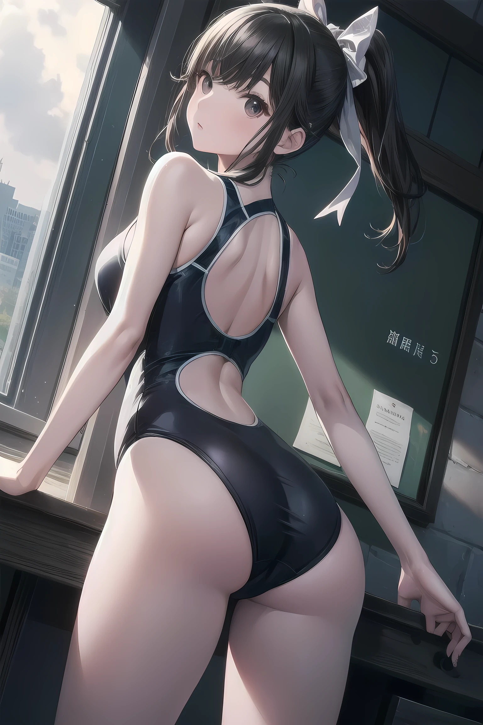 high quality、最high quality、Complete limbs、Ultra-high resolution、Sparkling eyes、Full Finger、Slender beauty、take a look at the manaka, ponytail, hair bow,, Wear a school swimsuit、Glowing Skin、Bat angle, from behind