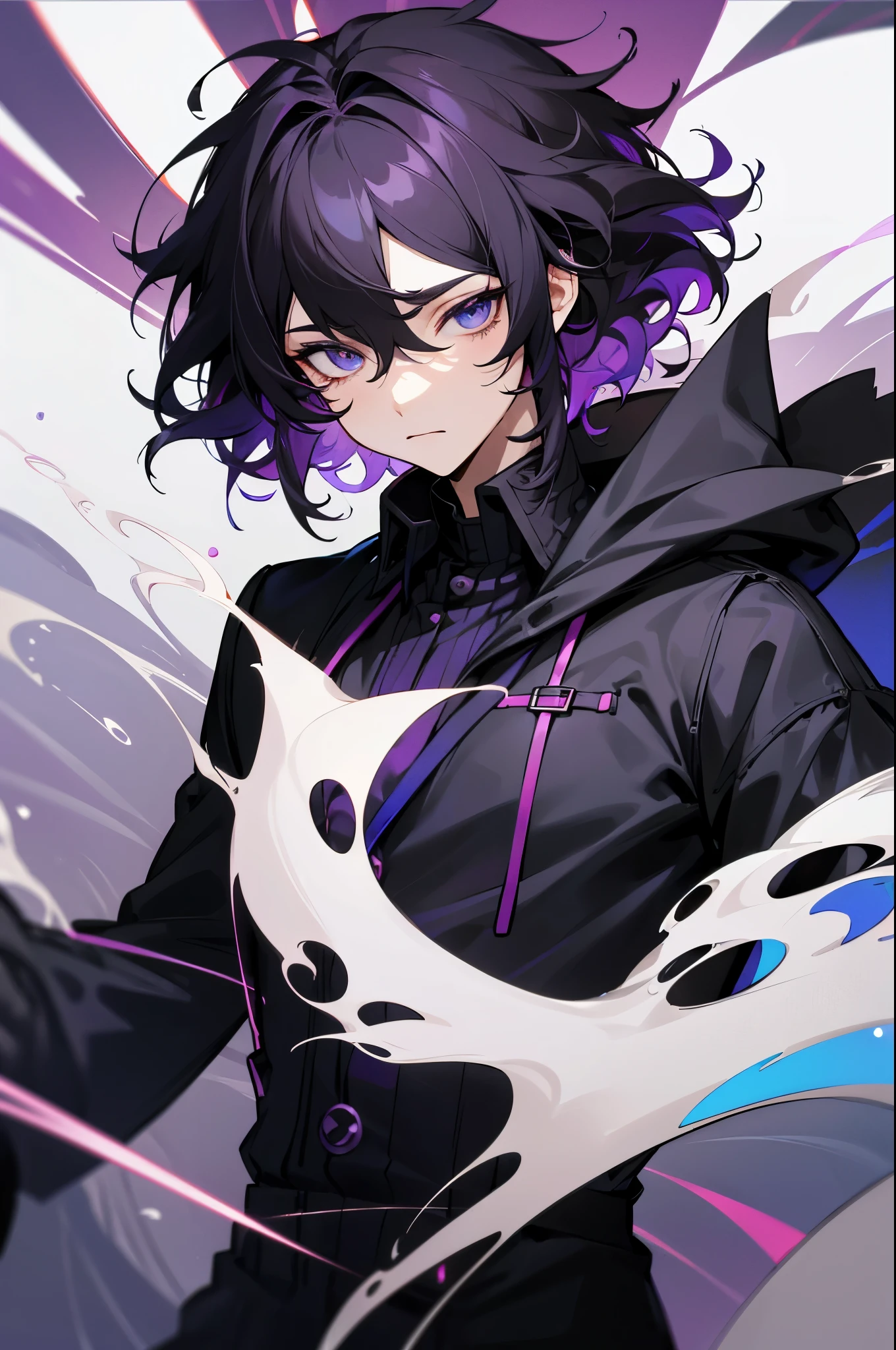 (high-quality, breathtaking),(expressive eyes, perfect face) 1male, male , solo, ager, short hair length, wavy curly hair, messy hair, white and black hair color, multicolored hair, deep purple eye color, background, music, mature, haunting twilight background, slightly narrow eyes, hooded jacket, dark purple blue shirt, navy black pants, modern attire, VFlower Vocaloid Male Version, spy x family art style, masculine face