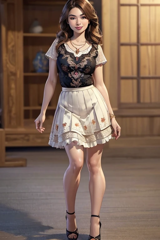 (realistic illustration:1.3),(full body:1.4). Gorgeous hapa woman, with light brown hair.(short),(pale:1.3), beautiful figure,(smile:1.1), Lace top, ruffle skirt, high heels, necklace.Masterpiece, (highly detailed:1.2),(detailed face and eyes:1.2), 8k wallpaper, natural lighting. core shadows, high contrast, bokeh.