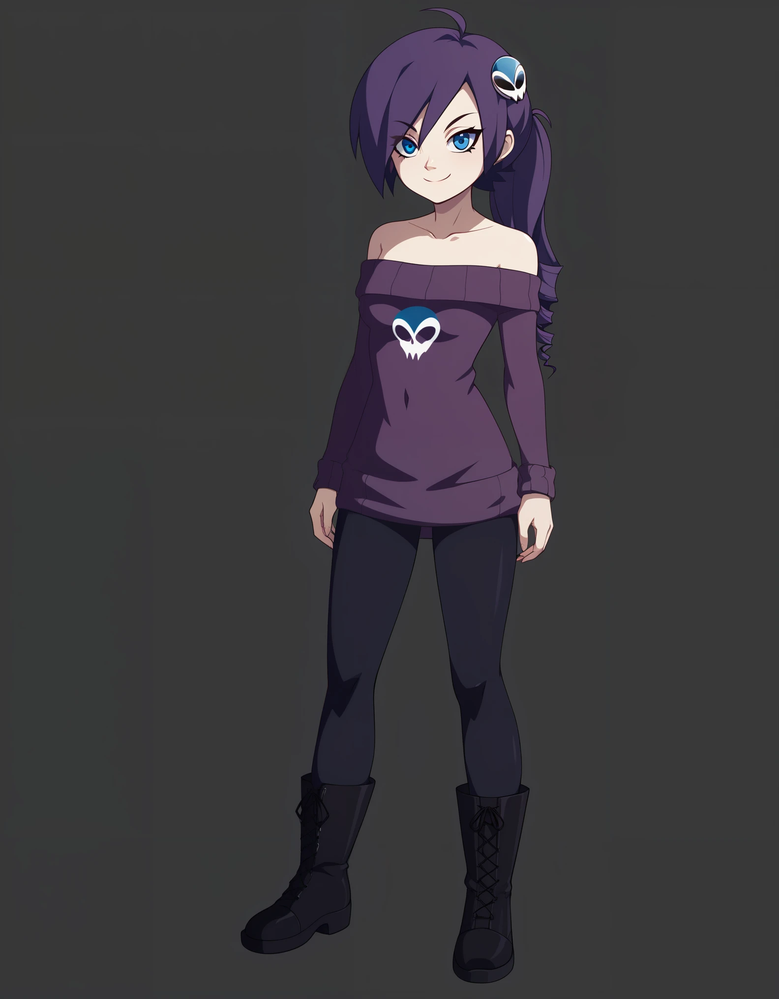 1girl, zonetan, drill hair, long hair, purple hair, skull hair ornament, ahoge, blue eyes, off-shoulder sweater, hip-high stockings, boots, standing, smile, front view, full body