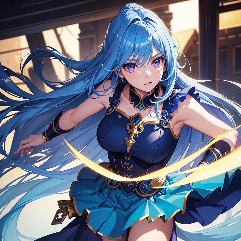 detailed portrait of a girl, wavy hip-length hair with purple and turquoise tones, purple eyes, wearing a blue top and blue skirt heroine costume, (best quality,4k,8k,highres,masterpiece:1.2),ultra-detailed,(realistic,photorealistic,photo-realistic:1.37),studio lighting,extremely detailed facial features,beautiful detailed eyes,beautiful detailed lips,extremely detailed face,longeyelashes,blue skirt,blue top,anime-style,vibrant colors,dramatic lighting,epic heroic pose