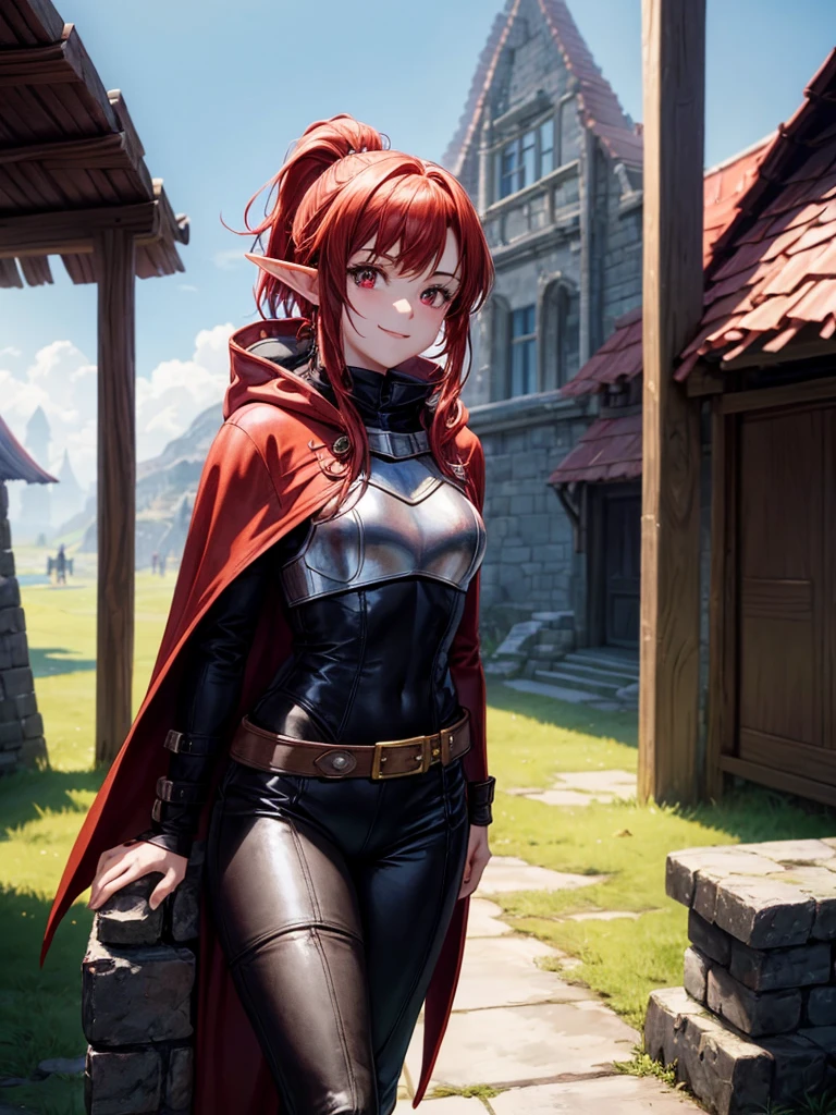 1girl, short all red hair in loose ponytail, soft red eyes, innocent eyes, elf ears, colored skin, fair skin, average body, wearing red and gold full leather armor, rogue cloak, hooded cloak, hood down, leather armor, rogue armor, ranger armor, black pants, covered body, fully covered, SFW, non-revealing, safe, PG13, dungeons and dragons, DnD, D&D, mage, sitting in a village during a festival, looking at viewer, happy smile