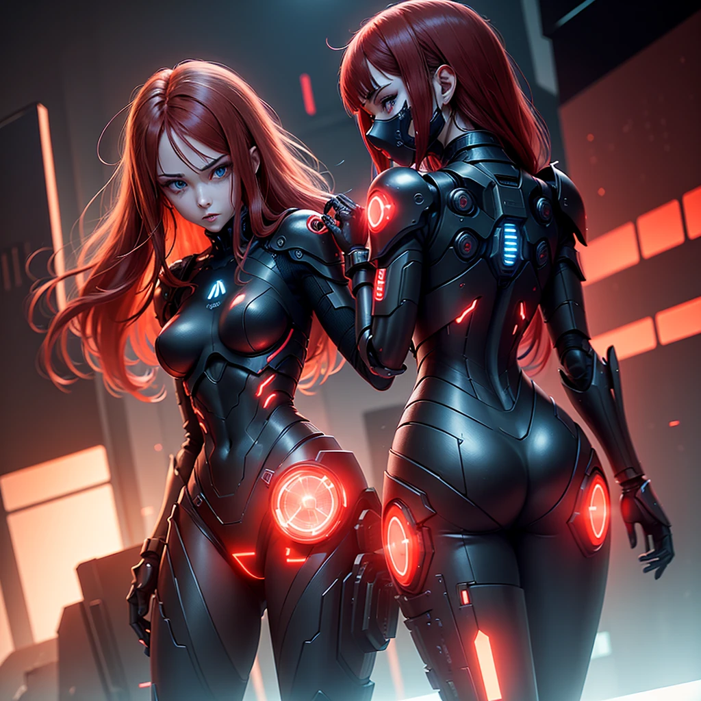 View from below, angle from below, flat horizon photo, Girl android , she has long red hair, she has a mask on her face, a respirator, a woman with sexy hips, half cyborg, nanotechnological modifications. Beautiful face, black metal cybernetic android robot body in black color, with red lines of indicators and diodes with many red parts, cybernetic armor with a red glow from under the joints and joints, she has blue eyes and stands tall , frame with a flat horizon, Anime Style Photography , Red Lasers, black background Cyberpunk style, the camera films Her from below, lower angle of photography, black background image of a night black city and red neon lights, red lamps, red lighting, red flashes in the background