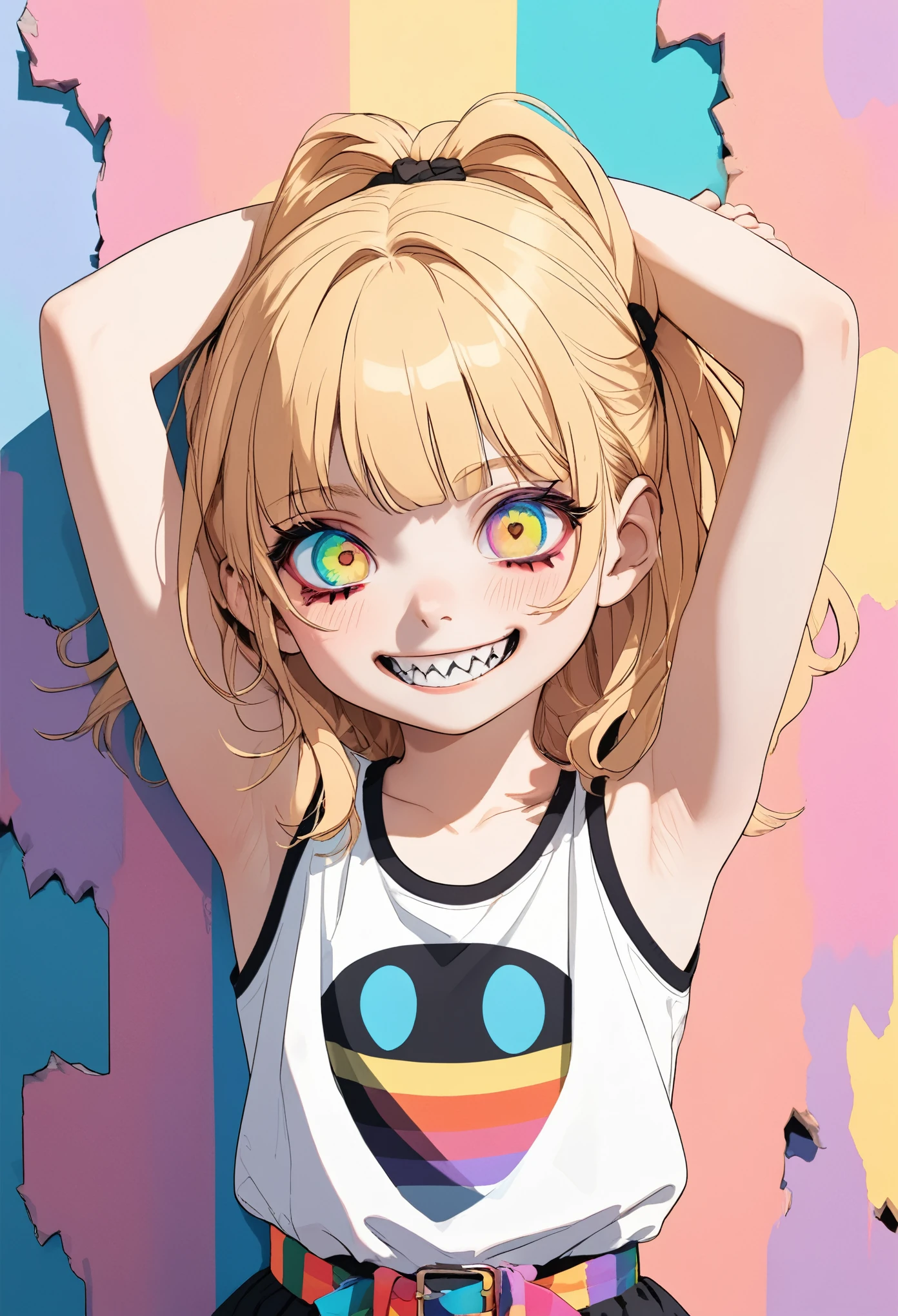 ((Masterpiece)), ((best quality)), (flat color), (flat shading), (super detail:1.2), (High Definition:1.3), ((extremely detailed)), (8K), (Professional Photography:1.2), (very aesthetic:1.2), (absurdres:1.2), (sharp focus), (perfect light), (drop shadow), ((12 years old)), cute young Girl, Glossy unruly hair, (loose blunt bangs), blonde hair with red mesh, (red mesh), long hair, big eyes, (long eyelashes), ((jagged teeth)), colorful eyes, (Unfocused eyes), blush, ((dazed smile)), open mouth, ribbon belt, joy, (cute tanktop), barearms, cute cheeks, ((Cross your arms behind your head)), (colorful:1.3), gothic makeup, ((against the Colorful pastel wall),), cute, (❤️🖤💗💔),