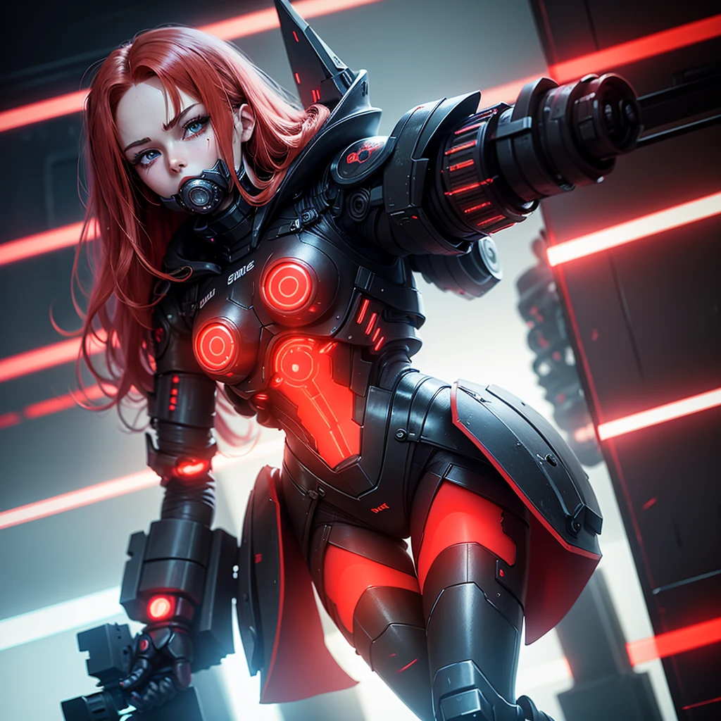 View from below, angle from below, flat horizon photo, Girl android , she has long red hair, she has a mask on her face, a respirator, a woman with sexy hips, half cyborg, nanotechnological modifications. Beautiful face, black metal cybernetic android robot body in black color, with red lines of indicators and diodes with many red parts, cybernetic armor with a red glow from under the joints and joints, she has blue eyes and stands tall , frame with a flat horizon, Anime Style Photography , Red Lasers, black background Cyberpunk style, the camera films Her from below, lower angle of photography, black background image of a night black city and red neon lights, red lamps, red lighting, red flashes in the background
