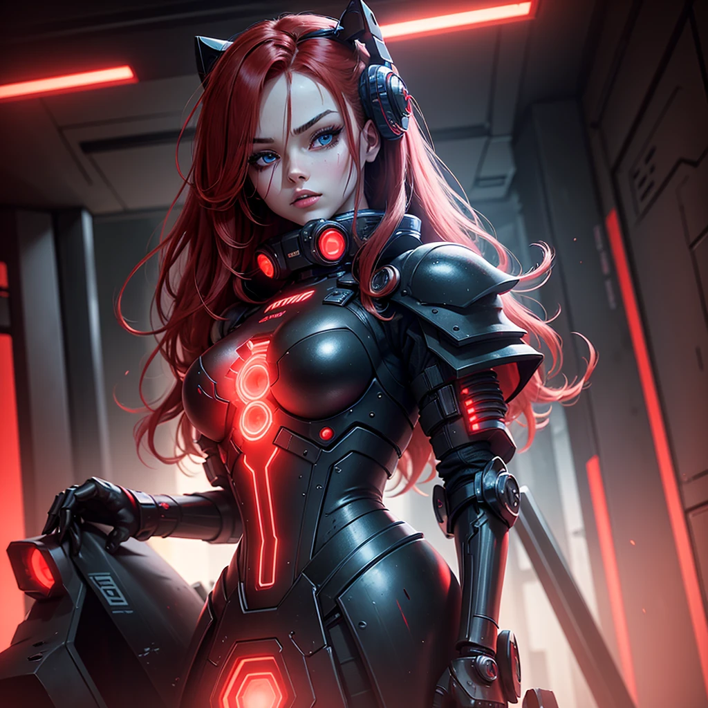 View from below, angle from below, flat horizon photo, Girl android , she has long red hair, she has a mask on her face, a respirator, a woman with sexy hips, half cyborg, nanotechnological modifications. Beautiful face, black metal cybernetic android robot body in black color, with red lines of indicators and diodes with many red parts, cybernetic armor with a red glow from under the joints and joints, she has blue eyes and stands tall , frame with a flat horizon, Anime Style Photography , Red Lasers, black background Cyberpunk style, the camera films Her from below, lower angle of photography, black background image of a night black city and red neon lights, red lamps, red lighting, red flashes in the background