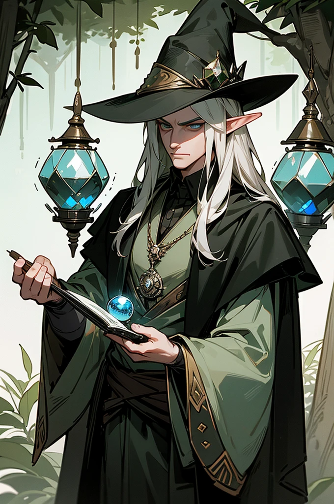 tmasterpiece,best qualityer,1 male,the elf,tall muscular,Handsome,Elaborate Eyes,Complicated details,the witcher,Pointy-brimmed black hat,Crystal balls with various spells,Potion bottles with various ingredients,Enchanted forest and hidden wizard's cabin