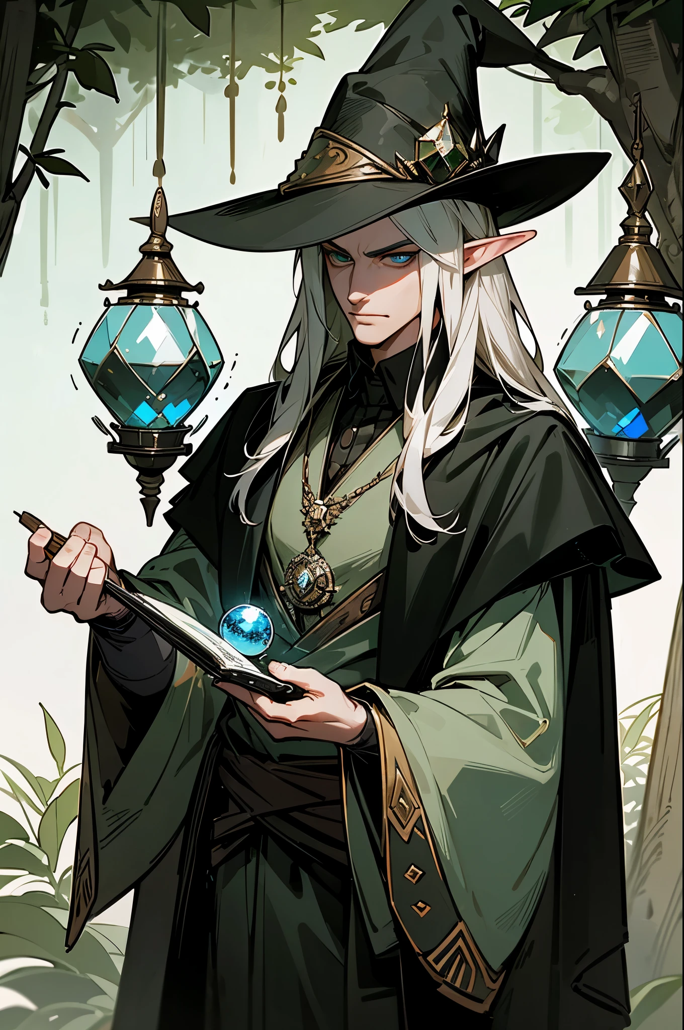 tmasterpiece，best qualityer，1 male，the elf，tall muscular，Handsome，Elaborate Eyes，Complicated details，the witcher，Pointy-brimmed black hat，Crystal balls with various spells，Potion bottles with various ingredients，Enchanted forest and hidden wizard's cabin
