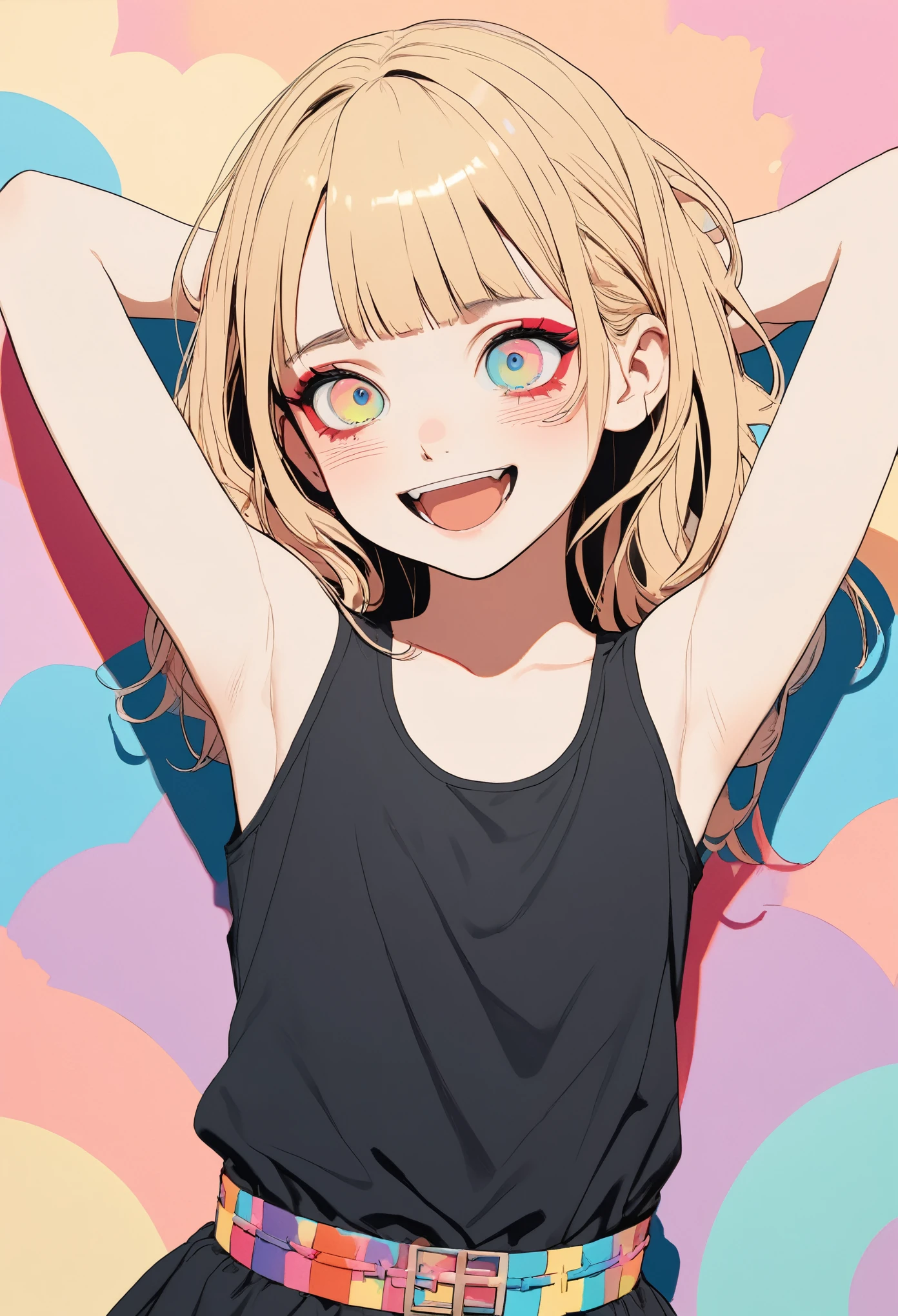 ((Masterpiece)), ((best quality)), (flat color), (flat shading), (super detail:1.2), (High Definition:1.3), ((extremely detailed)), (8K), (Professional Photography:1.2), (very aesthetic:1.2), (absurdres:1.2), (sharp focus), (perfect light), (drop shadow), ((12 years old)), cute young Girl, Glossy unruly hair, (loose blunt bangs), blonde hair with red mesh, (red mesh), long hair, big eyes, (long eyelashes), ((:d)), colorful eyes, (Unfocused eyes), blush, ((dazed smile)), open mouth, ribbon belt, joy, (cute tanktop), barearms, cute cheeks, ((Cross arms behind head)), (colorful:1.3), gothic makeup, ((against the Colorful pastel wall),), cute, (❤️🖤💗💔),