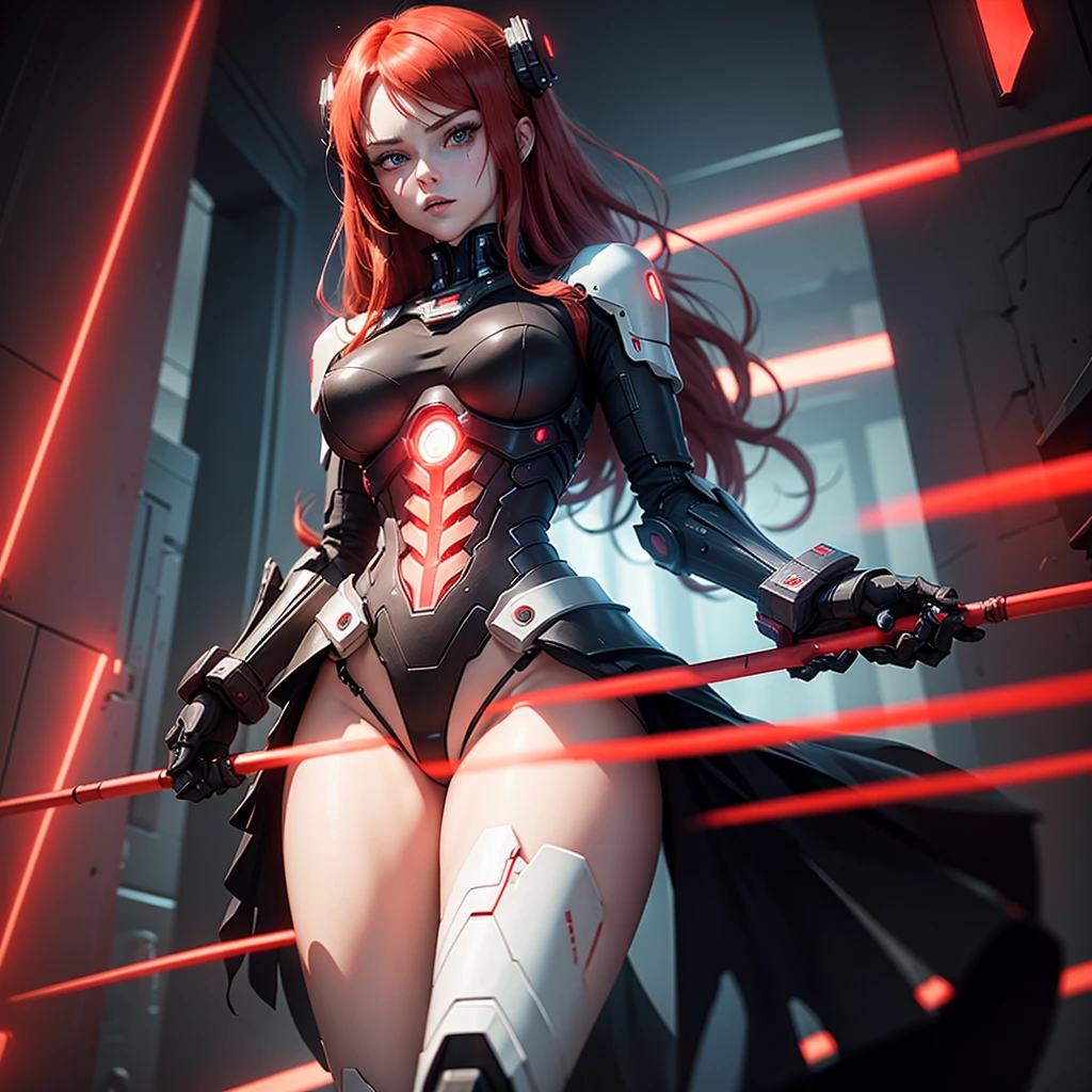 View from below, angle from below, flat horizon photo, Girl android , she has long red hair, she has a mask on her face, a respirator, a woman with sexy hips, half cyborg, nanotechnological modifications. Beautiful face, black metal cybernetic android robot body in black color, Large, wide hips, suit with red indicator lines with many red details, cybernetic armor with a red glow from under the joints and joints, she has blue eyes and stands tall , frame with a flat horizon, Anime Style Photography , Red Lasers, black background Cyberpunk style, the camera films Her from below, lower angle of photography, black background image of a night black city and red neon lights, red lamps, red lighting, red flashes in the background