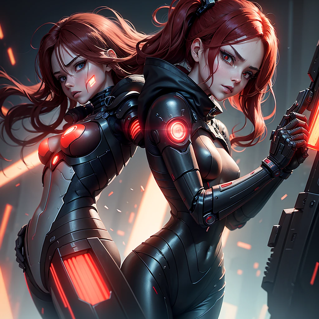 View from below, angle from below, flat horizon photo, Girl android , she has long red hair, she has a mask on her face, a respirator, a woman with sexy hips, half cyborg, nanotechnological modifications. Beautiful face, black metal cybernetic android robot body in black color, Large, wide hips, suit with red indicator lines with many red details, cybernetic armor with a red glow from under the joints and joints, she has blue eyes and stands tall , frame with a flat horizon, Anime Style Photography , Red Lasers, black background Cyberpunk style, the camera films Her from below, lower angle of photography, black background image of a night black city and red neon lights, red lamps, red lighting, red flashes in the background
