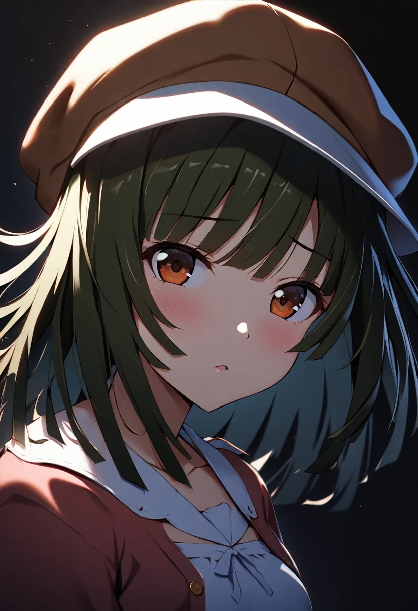 1girl, sengoku nadeko, monogatari \(series\), key light, portrait, dark background,masterpiece, best quality, absurdres,