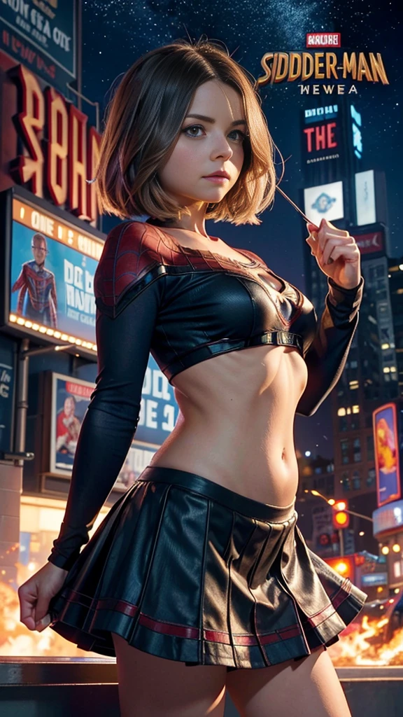 Jenna Louise Coleman、マーベルコミックの映画Poster、so beautiful、Movies about Spider-Man、sexy、whole body、Wearing a skirt、Premiere Date、Poster、belly buttonを突き出す、new york、She&#39;s wearing a ripped Spiderman suit、The suit is torn、Wearing a skirt、Red and black color scheme、dynamic、masterpiece、Highest quality、Super detailed、Very detailed、Delicate and beautiful shine、Ultra-high resolution、Cinematic、break、breakドロップ、(Torn clothes:1.5)、(Wet clothes:1.4)、Bare shoulders、Real Rain、Wet Hair、belly button、Exposed Skin、sexyな肩を披露