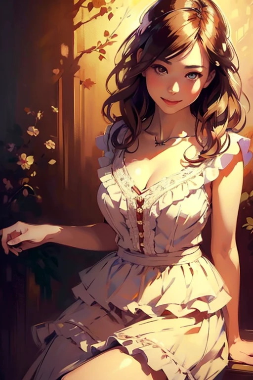 (realistic illustration:1.3), Gorgeous hapa woman, with light brown hair.(short),(pale:1.3), beautiful figure,(smile:1.1), Lace top, ruffle skirt, high heels, necklace.Masterpiece, (highly detailed:1.2),(detailed face and eyes:1.2), 8k wallpaper, natural lighting. core shadows, high contrast, bokeh.