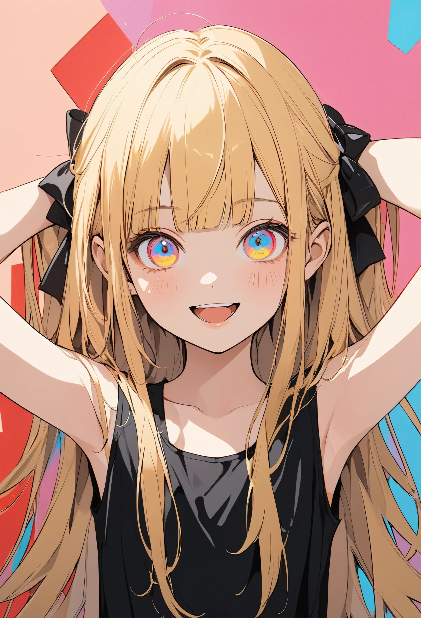 ((Masterpiece)), ((best quality)), (flat color), (flat shading), (super detail:1.2), (High Definition:1.3), ((extremely detailed)), (8K), (Professional Photography:1.2), (very aesthetic:1.2), (absurdres:1.2), (sharp focus), (perfect light), (drop shadow), ((12 years old)), cute young Girl, Glossy unruly hair, (loose blunt bangs), blonde hair with red mesh, (red mesh), long hair, big eyes, (long eyelashes), ((:d)), colorful eyes, (Unfocused eyes), blush, ((dazed smile)), open mouth, ribbon belt, joy, (cute tanktop), barearms, cute cheeks, ((Cross arms behind head)), (colorful:1.3), gothic makeup, ((against the Colorful pastel wall),), cute, (❤️🖤💗💔),