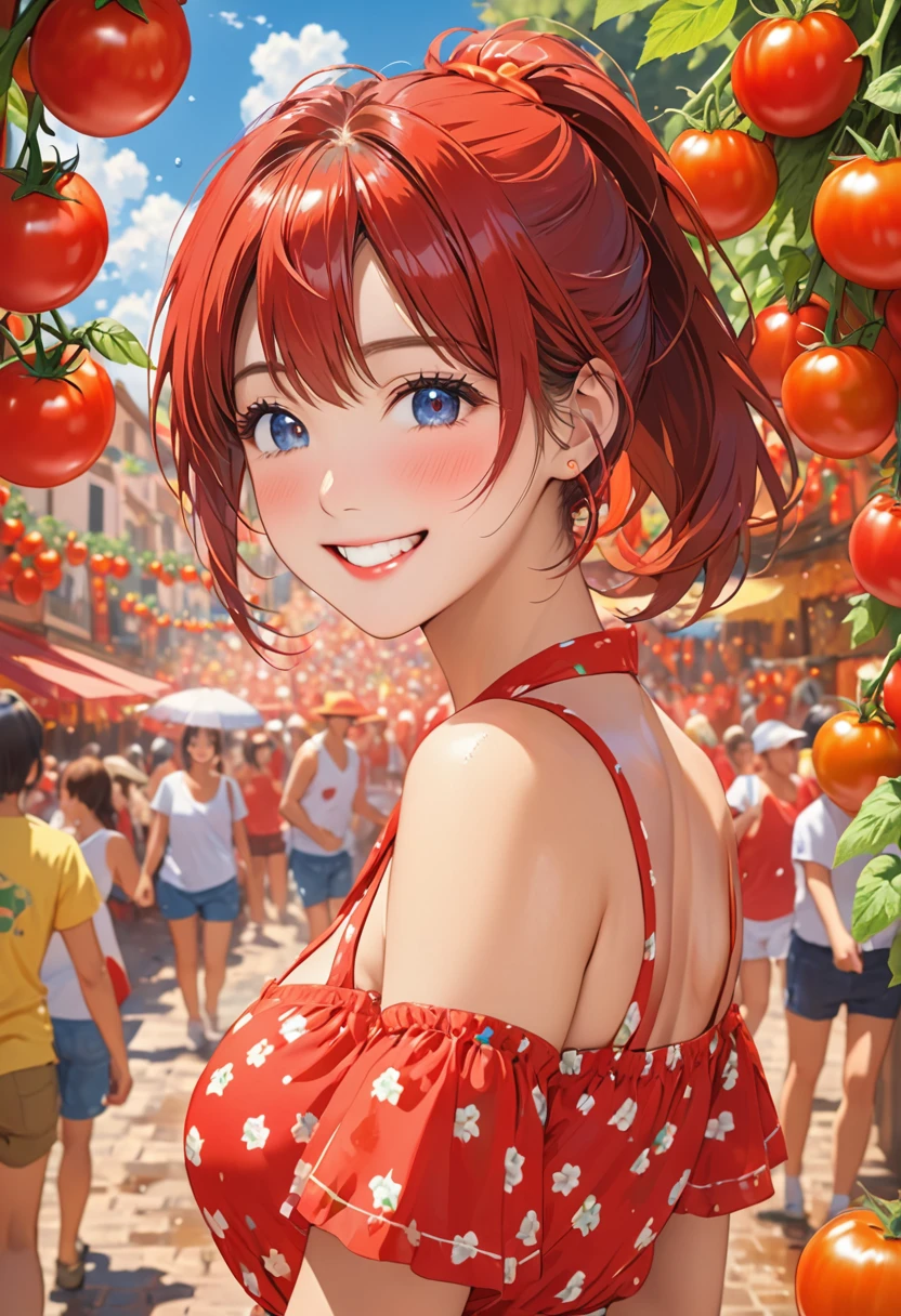 Highest quality、High resolution、Detailed Background、Beautiful face in every detail、Teenage beauty、Highly detailed face、Huge breasts、Perfect body line、Light color hair、Bobcut、ponytail、Fun atmosphere、Spain、Festival、tomato、La Tomatina、Bunyol、夏Festivalり、tomatoFestivalり、Enthusiastic atmosphere、Excited、Under the summer sun、
(3人の少女たちがtomatoFestivalりに参加して思いっきりtomatoを投げ合い全身真っ赤に染まる:1.5)、
街全体がtomatoで真っ赤に染まる、街全体がtomatoで覆われ、A sea of red、tomatoを投げ合いながらも楽しんでいます、Lively、tomatoの雨降ってきた、bright red face、Sweat and smile、tomatoまみれ、sense of exaltation、tomatoの雨、bright red face、cute