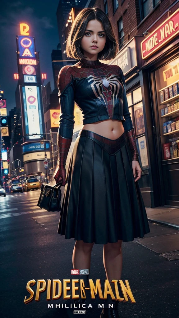 Jenna Louise Coleman、マーベルコミックの映画Poster、so beautiful、Movies about Spider-Man、sexy、whole body、Wearing a skirt、Premiere Date、Poster、belly buttonを突き出す、new york、She&#39;s wearing a ripped Spiderman suit、The suit is torn、Wearing a skirt、Red and black color scheme、dynamic、masterpiece、Highest quality、Super detailed、Very detailed、Delicate and beautiful shine、Ultra-high resolution、Cinematic、break、breakドロップ、(Torn clothes:1.5)、(Wet clothes:1.4)、Bare shoulders、Real Rain、Wet Hair、belly button、Exposed Skin、sexyな肩を披露
