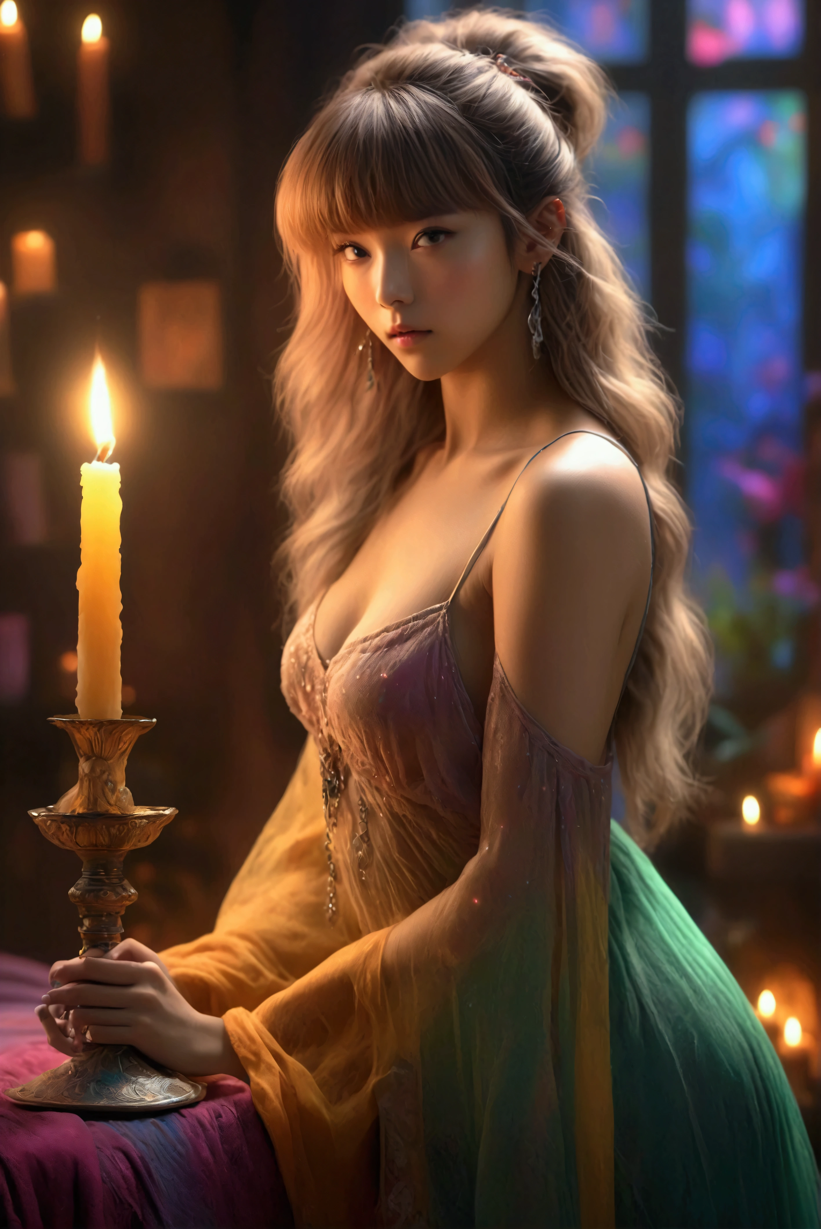 1 woman (Lalisa Manobal, age 25,sheer airy colorful dress), seductive witch, seduction magic, Conan, high fantasy, exotic bedroom, candles, animal furs, undressing, tease, (best quality,4k,8k,highres,masterpiece:1.2),ultra-detailed,(realistic,photorealistic,photo-realistic:1.37),HDR,UHD,studio lighting,ultra-fine painting,sharp focus,physically-based rendering,extreme detail description,professional,vivid colors,bokeh,portraits,fantasy,chiaroscuro,dramatic lighting
