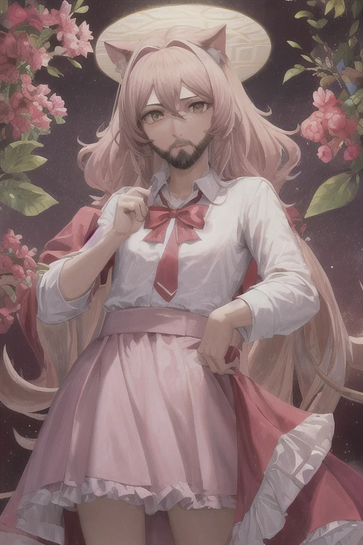 Jesus Christ is wearing a skirt, femboy Jesus, feminine Jesus, pink skirt, cat ears, boyish, well trimmed beard