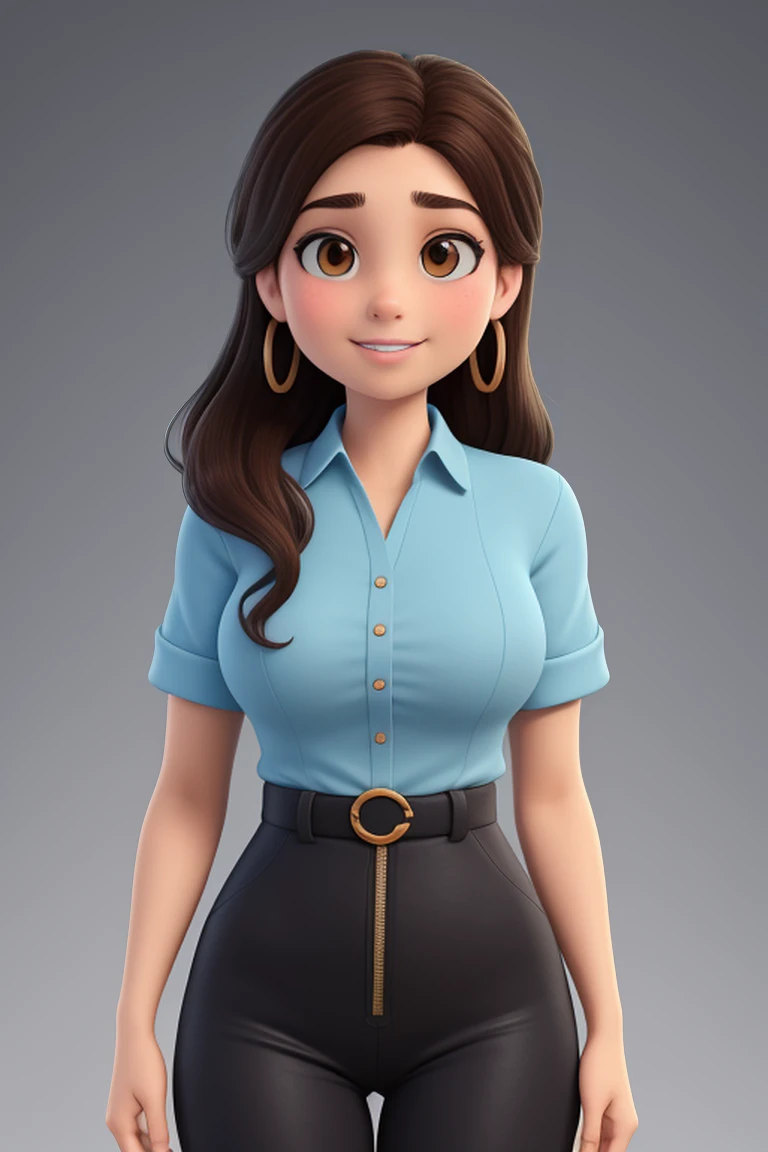 A woman with gold strip black hair, with a visible eye that appears to be light blue in color. Her skin appears clear and she displays a slight smile., with a dimple on the cheek. Her face shows well-defined eyebrows and seemingly smooth skin.. She's wearing a red jumpsuit black blouse, with some blue drawings. she is a little chubby, but not too much. No estilo Disney Pixar bigger-boobs sexy clothes . a girl with light blonde hair, with a visible eye that appears to be light gold in color. Her skin appears clear and she displays a slight smile., with a dimple on the cheek.