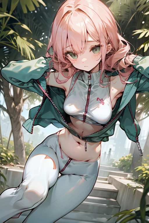 Slender beautiful girl、10th Generation、sleeveless shirt、athlete、Thin fabric tights、Belly button、A tighter zip-up shirt、Tight zip-up tracksuit、Curly Hair、Garden、Drawn eyes、Subtle details、目のハイライト