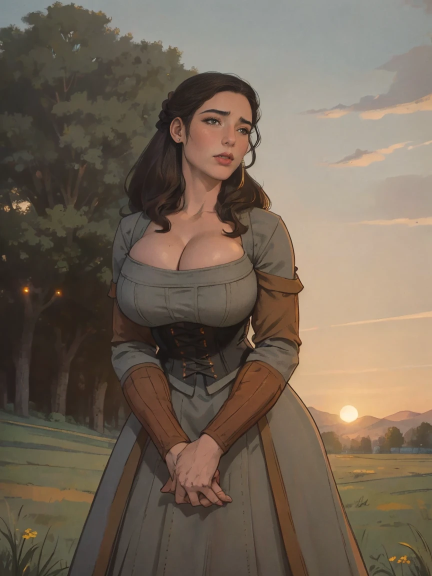 Gorgeous and sultry busty athletic (thin) brunette peasant with sharp facial features wearing a modest updo, medieval hair cover, rough-spun grey and brown medieval dress, long sleeves, wide neck, long dress, tight bodice, corset, Middle Ages, cottage, farm, exterior, trees, countryside, evening, sunset.