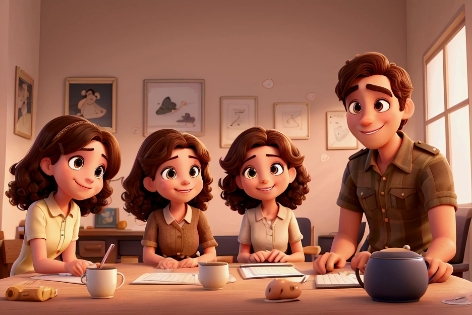 Illustration of adorable couple, And two beautiful girls, highlighting a brunette man and a brunette woman with beautiful expressive eyes – the man’s skin is brown and the man’s hair is military and black., While women's skin is brown and women's hair is curly and brown. It is a bright room, All of them with a smile on their faces, Share a special moment marked by love, ideas. Illustrate this scene from a perspective where they are facing the camera, Smile and show your connection. Develop this art in full HD, Focus on your cinematic touch, Disney Pixar animation style
