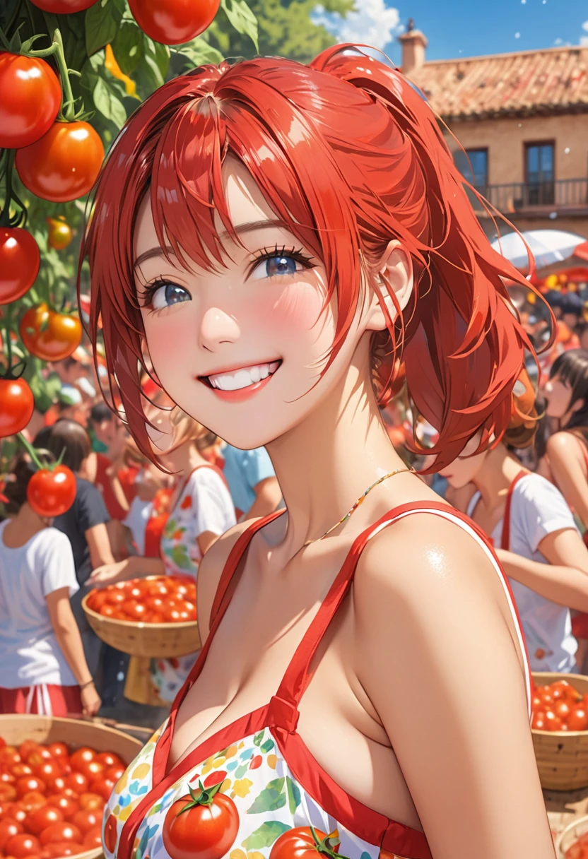 Highest quality、High resolution、Detailed Background、Beautiful face in every detail、Teenage beauty、Highly detailed face、Huge breasts、Perfect body line、Light color hair、Bobcut、ponytail、Fun atmosphere、Spain、Festival、tomato、La Tomatina、Bunyol、夏Festivalり、tomatoFestivalり、Enthusiastic atmosphere、Excited、Under the summer sun、
(3人の少女たちがtomatoFestivalりに参加して思いっきりtomatoを投げ合い全身真っ赤に染まる:1.5)、
街全体がtomatoで真っ赤に染まる、街全体がtomatoで覆われ、A sea of red、tomatoを投げ合いながらも楽しんでいます、Lively、tomatoの雨降ってきた、bright red face、Sweat and smile、tomatoまみれ、sense of exaltation、tomatoの雨、bright red face、cute