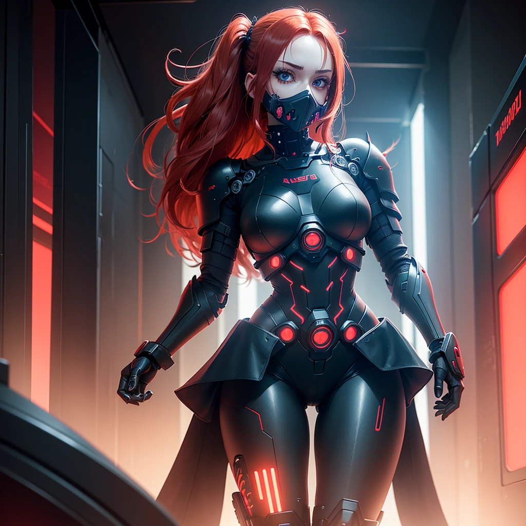 View from below, angle from below, flat horizon photo, Girl android , she has long red hair, she has a mask on her face, a respirator, a woman with sexy hips, half cyborg, technological modifications. Beautiful face, black metal cybernetic android robot body in black color, Large, wide hips, suit with red indicator lines with many red details, cybernetic armor with a red glow from under the joints and joints, she has blue eyes , frame with a flat horizon, Anime Style Photography , Red Lasers, black background Cyberpunk style, the camera films Her from below, lower angle of photography, black background image of a night black city and red neon lights, red lamps, red lighting, red flashes in the background