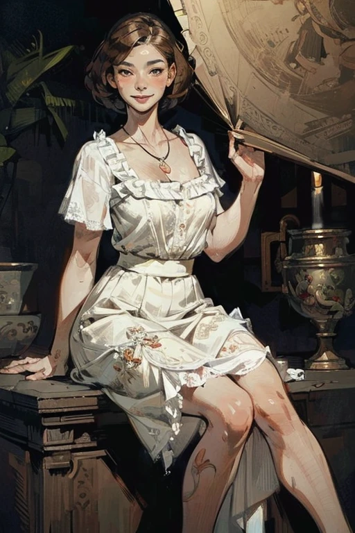 (realistic illustration:1.3), Gorgeous hapa woman, with light brown hair.(short),(pale:1.3), beautiful figure,(smile:1.1), Lace top, ruffle skirt, high heels, necklace.Masterpiece, (highly detailed:1.2),(detailed face and eyes:1.2), 8k wallpaper, natural lighting. core shadows, high contrast, bokeh.