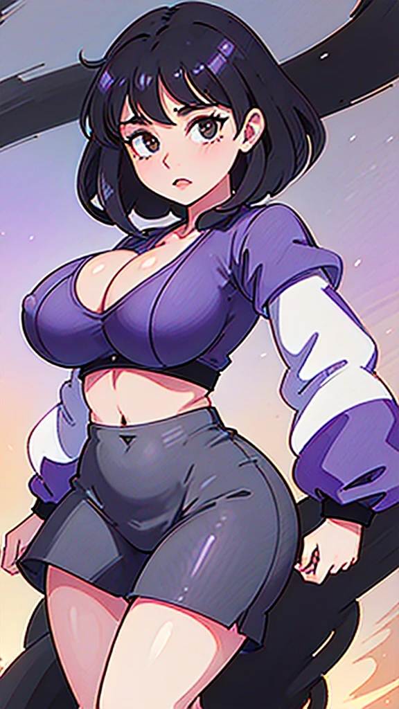 1990s, (masterpiece), high-definition, front view, detailed face, cute girl, perfect body, (big tits: 1.4) big hips, round ass, (black hair with dark purple highlights: 1.4), pleasure face: 1.4 sunset