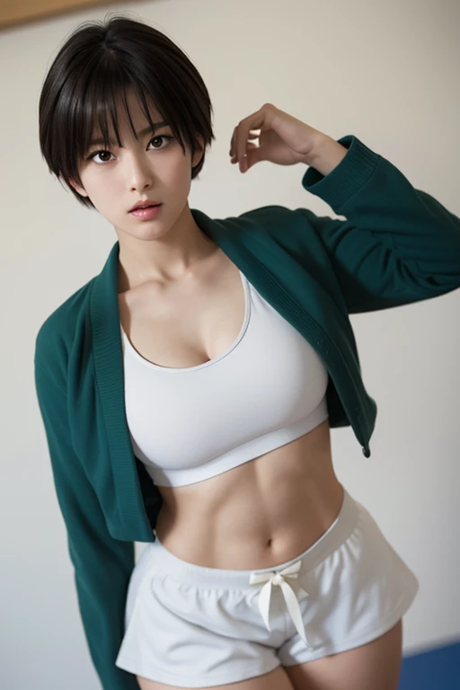 girl、G-cup breasts、Serious look、short hair、Wearing a judo uniform、Sports Bra、Judo Club、Judo Hall、Judo Clubの組手、