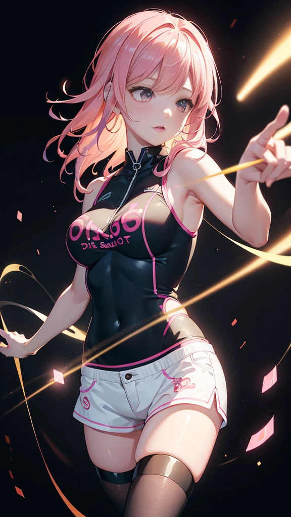 dj, pretty girls, music, musical notes,((Shorts)(Highly detailed CG 8k wallpaper), (Very delicate and beautiful), (masterpiece), (Highest quality: 1.0), (Super Resolution: 1.0), Beautiful lighting, Perfect Lightning, Realistic Shadows, [High resolution], Detailed Skin,Pink Hair